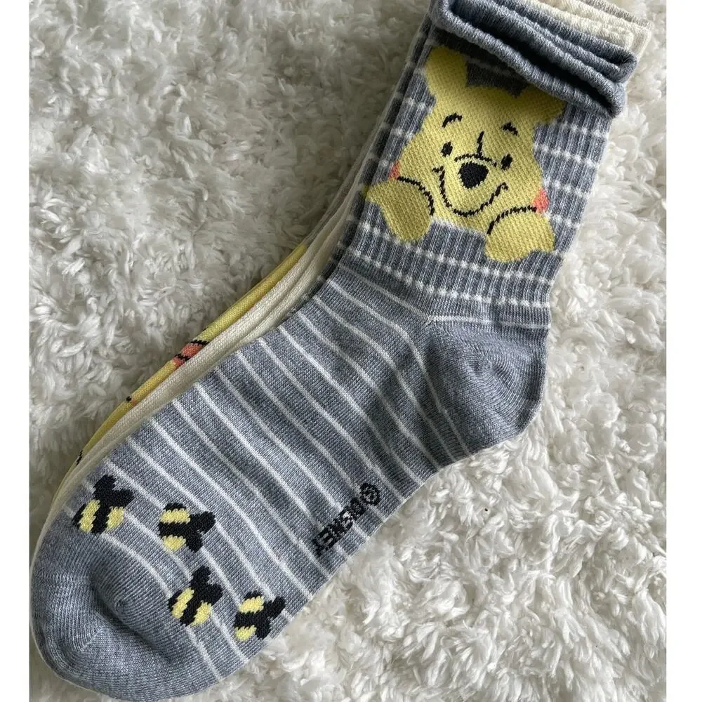Disney Winnie the Pooh Mid Crew Socks 5 Pairs NEW Size 9-11 Womens Gray Tan